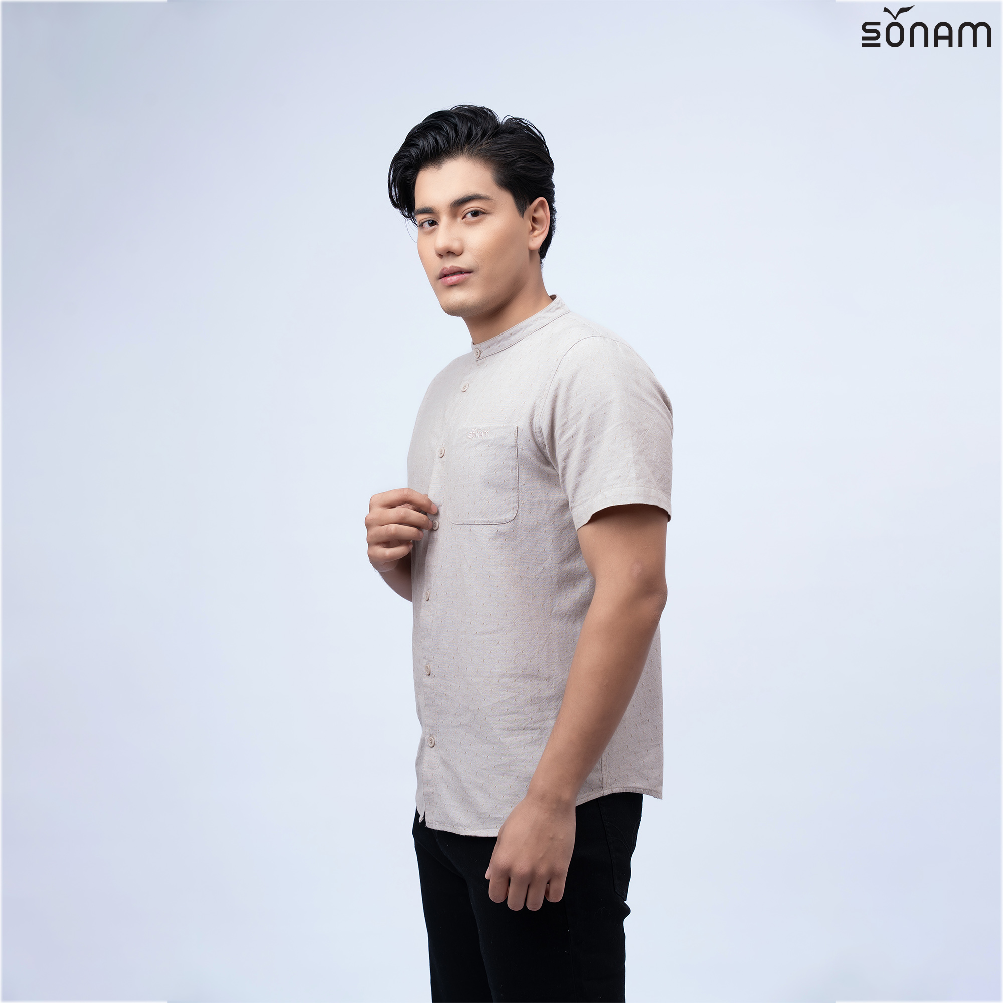 SONAM MENSA MEN'S DOBBY CHAMBRAY HALF SLEEVE MANDARIN SHIRT (SS2026) #2887