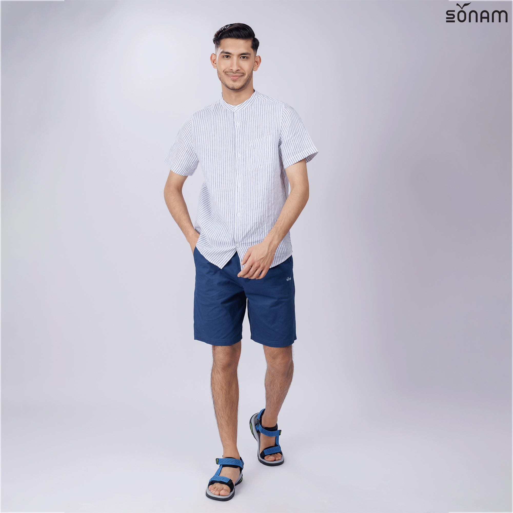 SONAM CHIRI MEN'S STRIPE DELAVE LINEN HALF SLEEVE SHIRT (SS2025) #2677